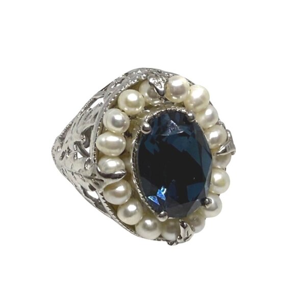 STS Karis Silver Ring W/ Blue Oval simulated gemstone & Pearl Accents Intricate - Picture 1 of 9